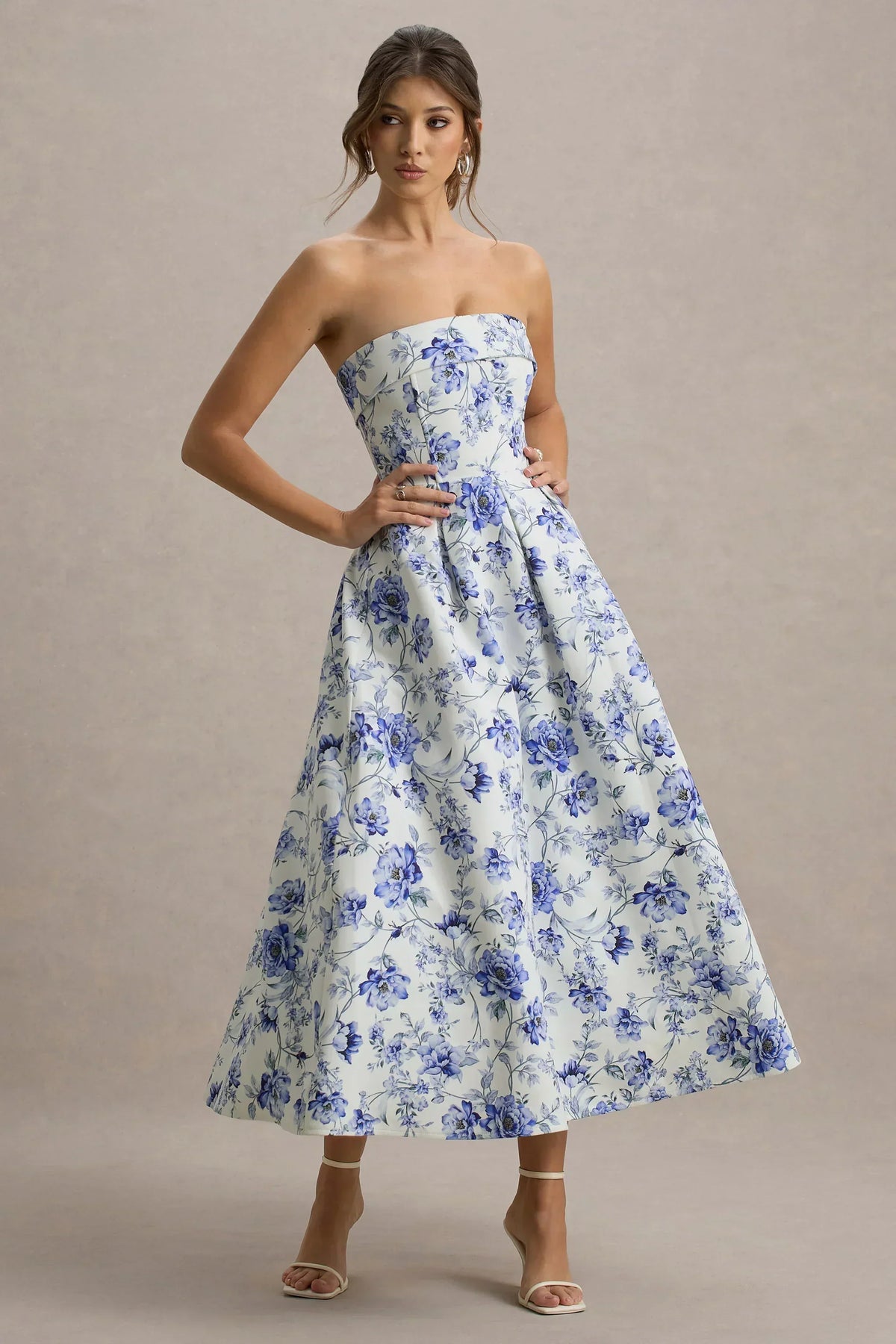 Annalise | Robe midi patineuse bandeau imprimé porcelaine bleue