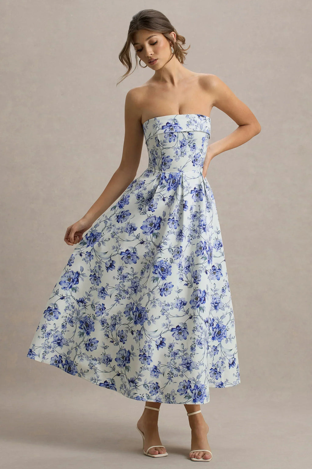 Annalise | Robe midi patineuse bandeau imprimé porcelaine bleue