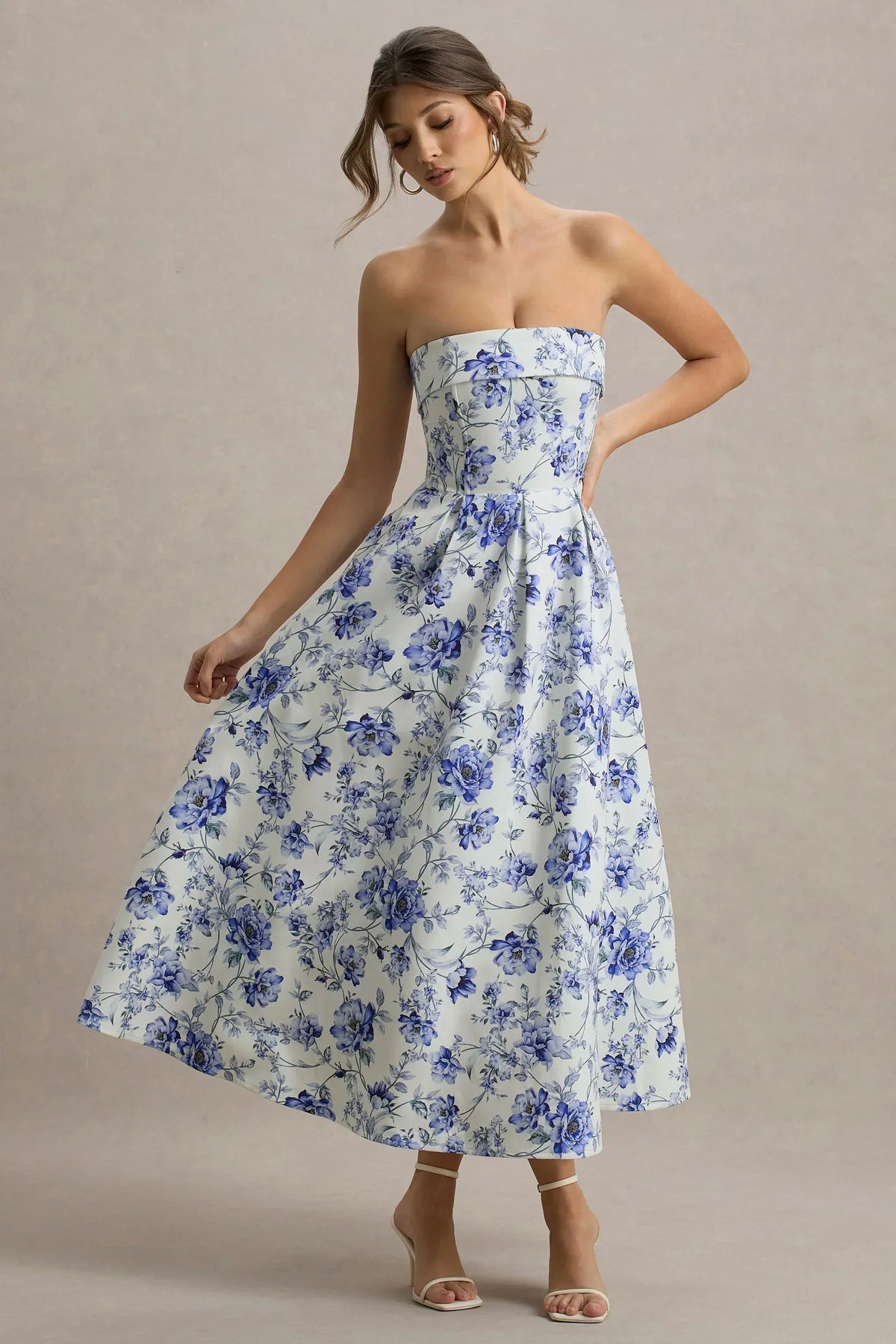 Annalise | Robe midi patineuse bandeau imprimé porcelaine bleue