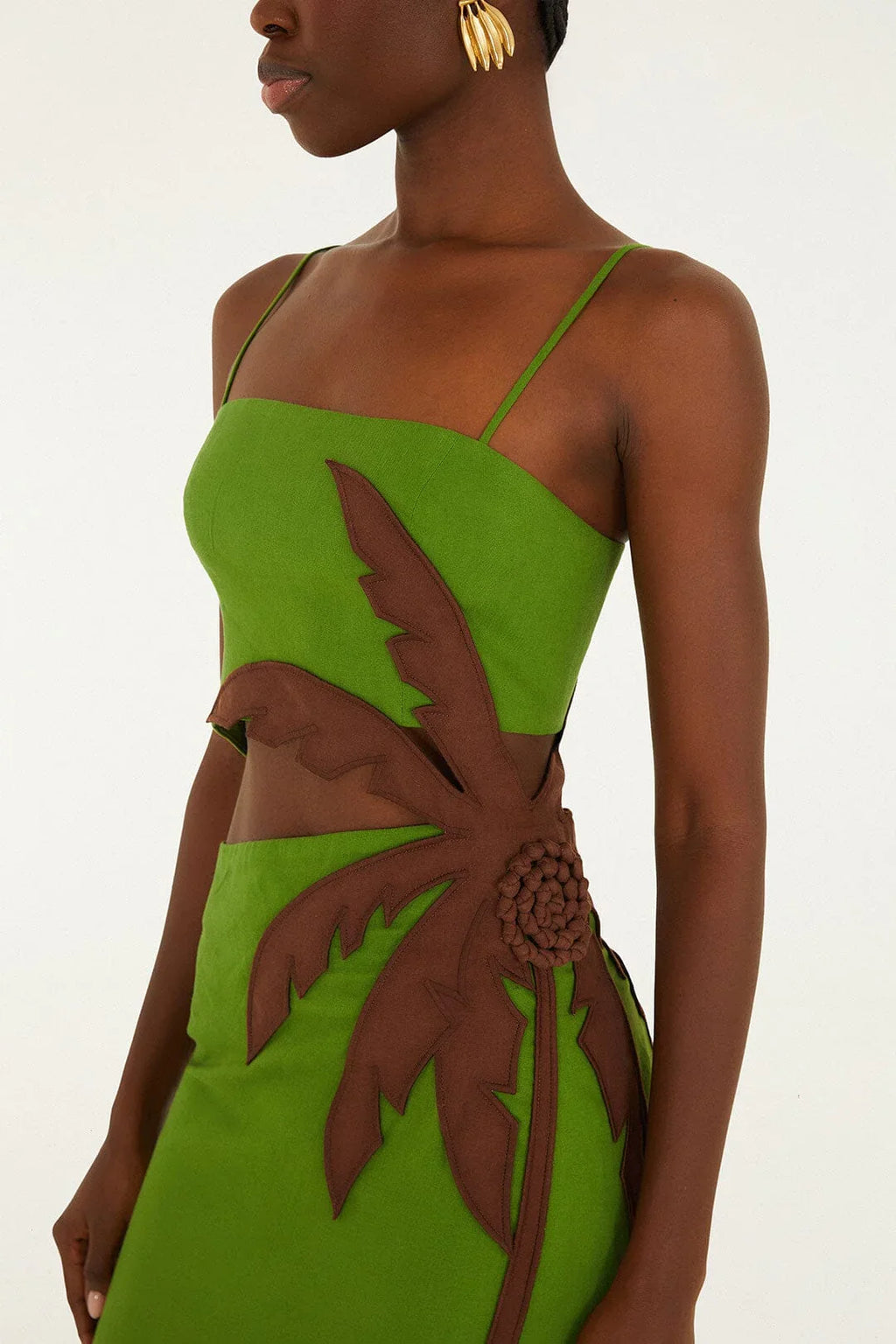 Robe midi vert sapin à découpe palmier 3D