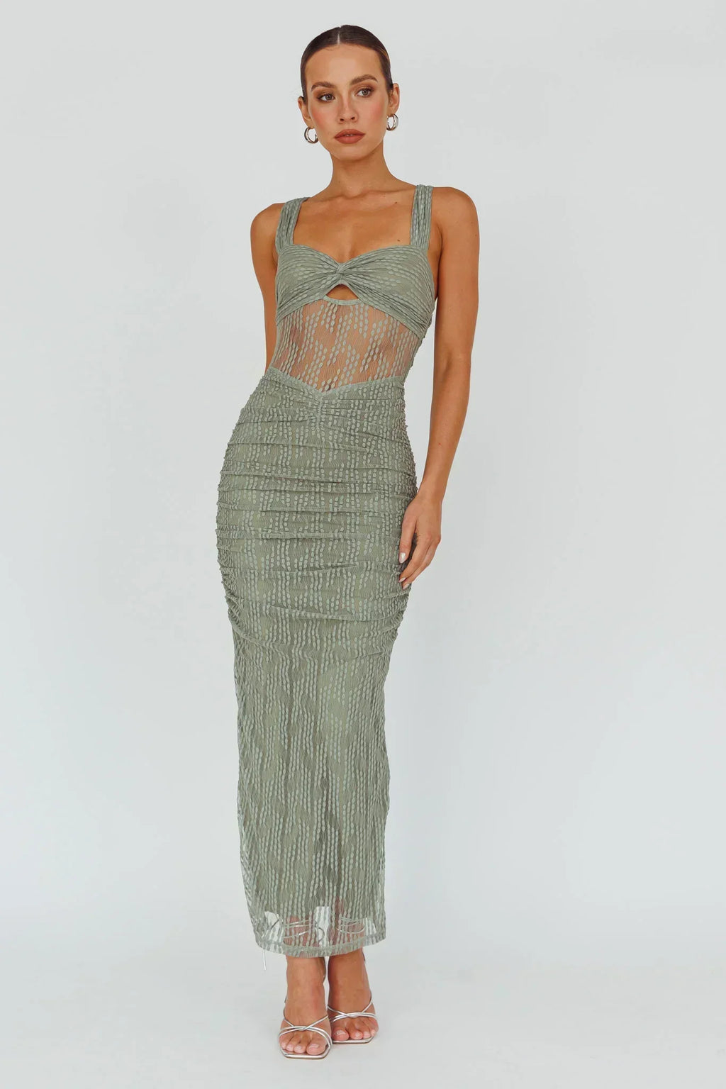 Robe midi en maille brodée Oliana Fougère
