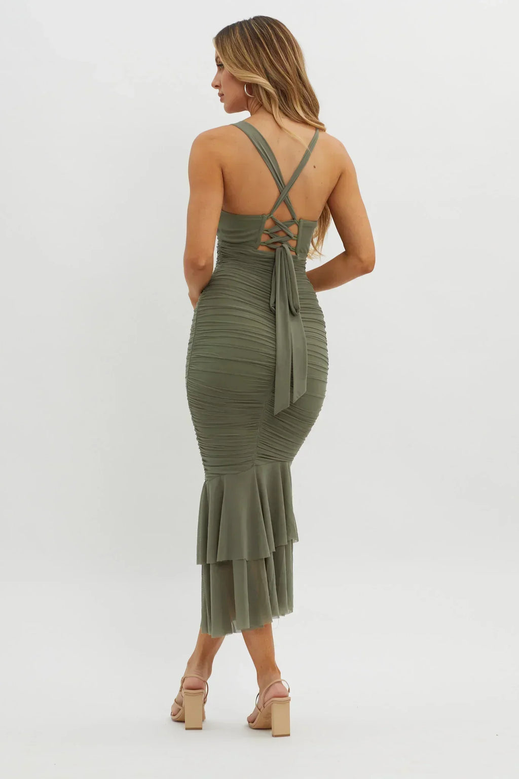 Robe midi froncée au dos lacé surréaliste Olive