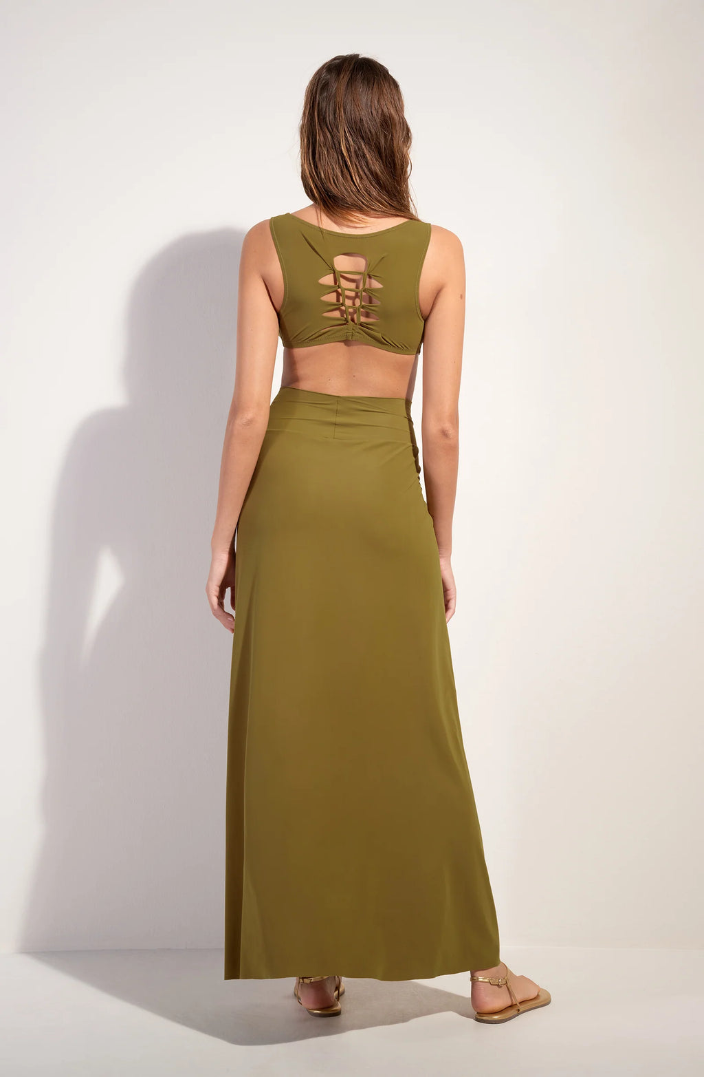 judie Long bronze wrap skirt in stretch voile