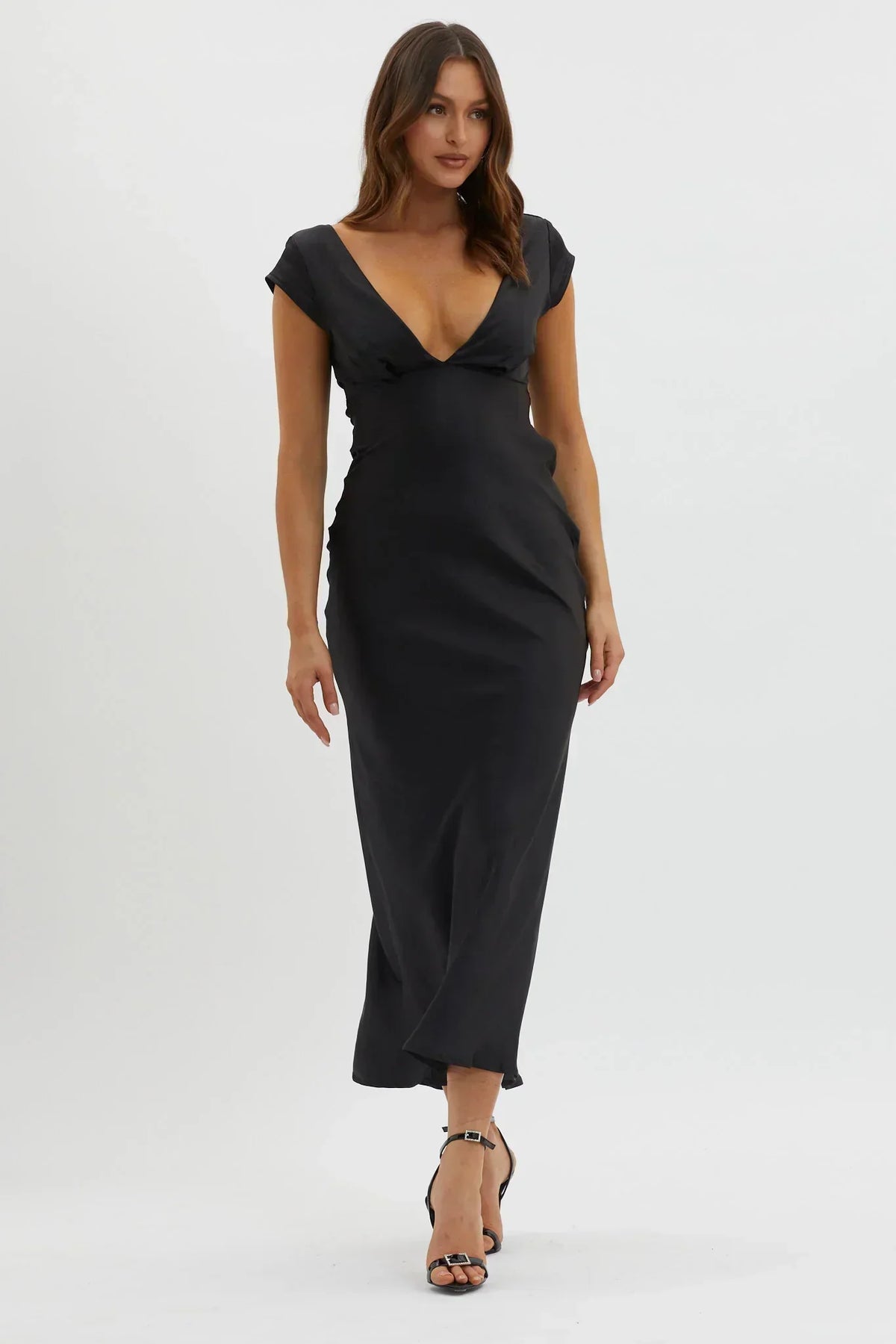 Robe midi noire Lucinda col en V dos torsadé
