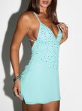 Robe Courte Margherita Diamante à Bretelles Croisées au Dos Bleue