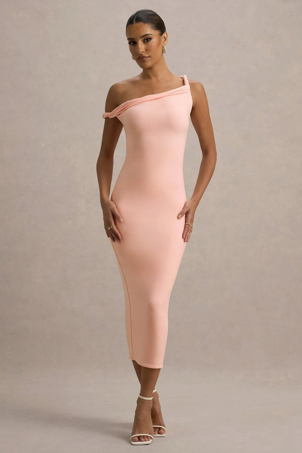 Salomé | Robe midi asymétrique torsadée rose