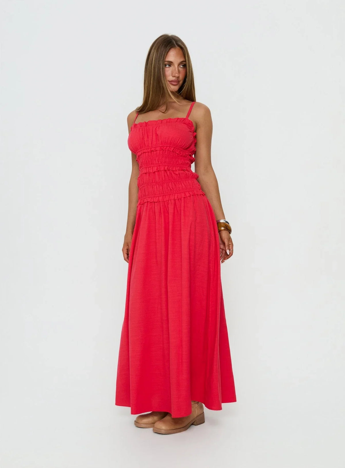 Robe longue froncée Rubiella rouge