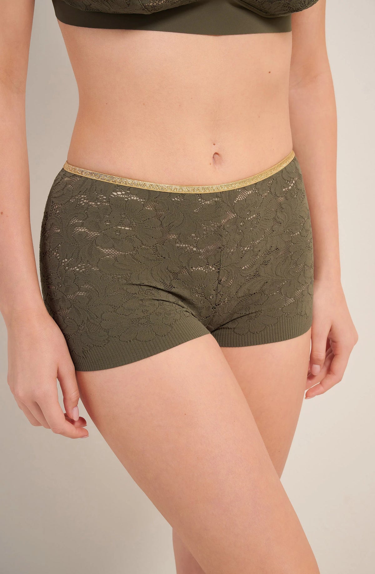 dylan High-waisted bronze lace and Lurex boyshorts