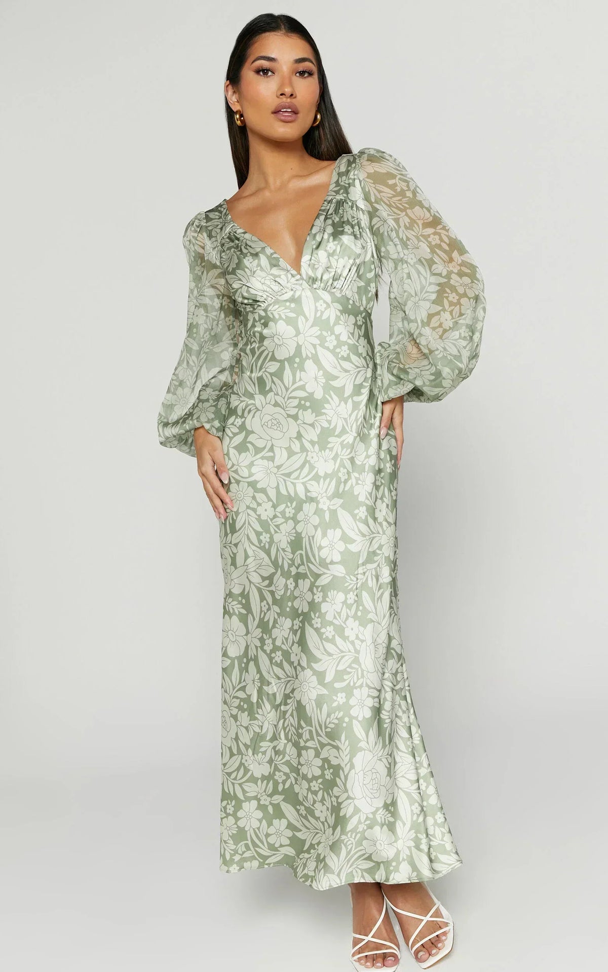 Robe Midi Freollyn - Robe longue à manches longues et col en V profond de couleur Sauge