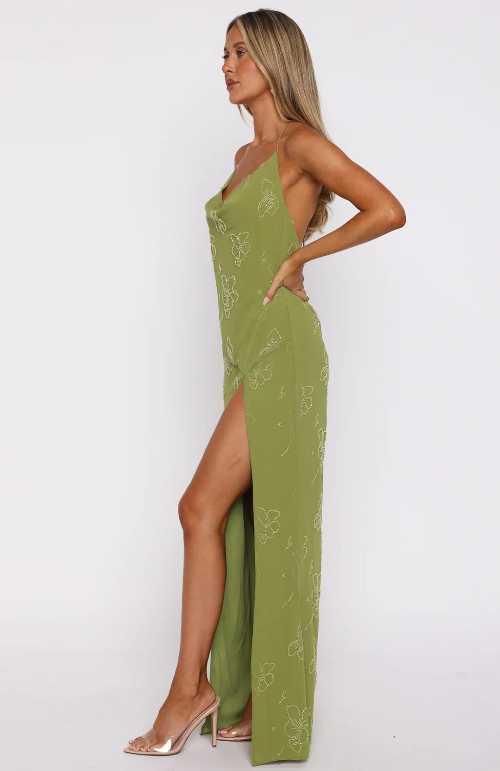Robe longue perlée Slow Dancer couleur Thé Vert