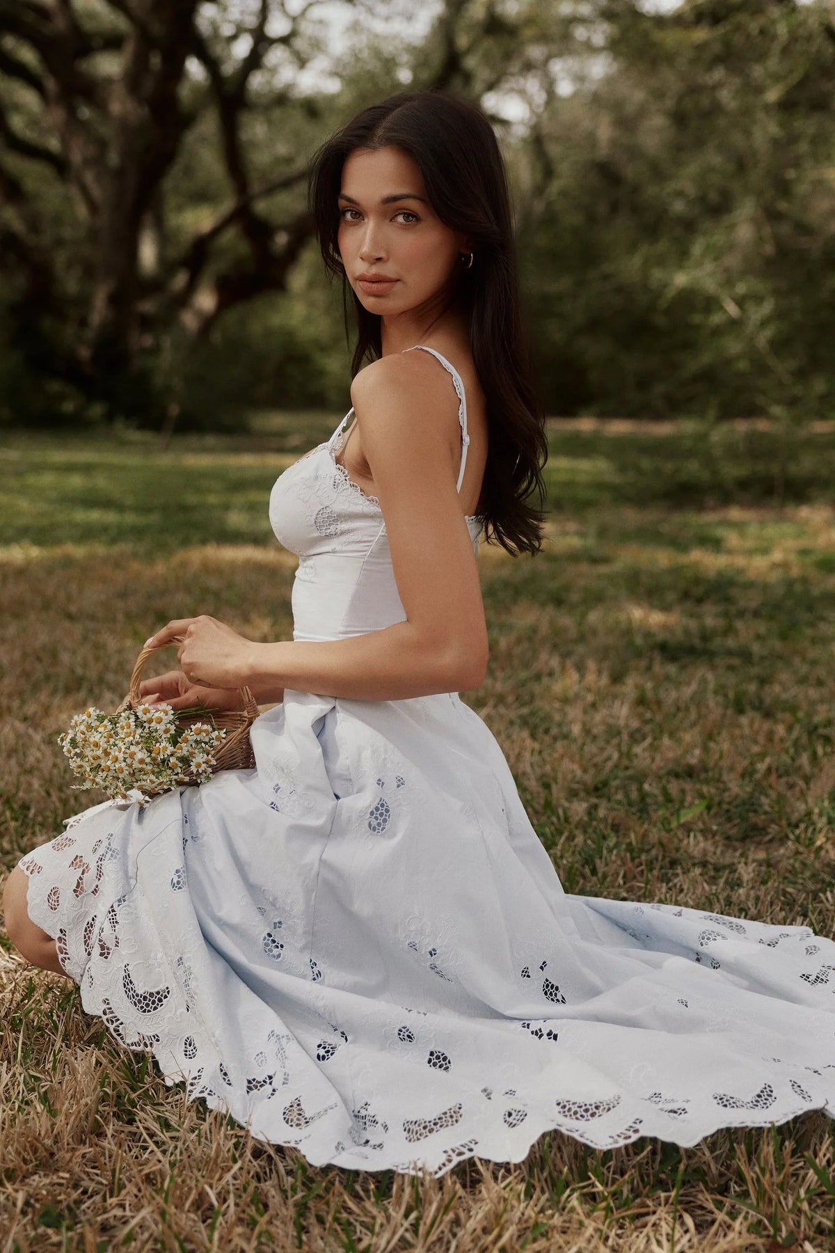 Robe longue midi broderie anglaise en dentelle jacinthe + coton